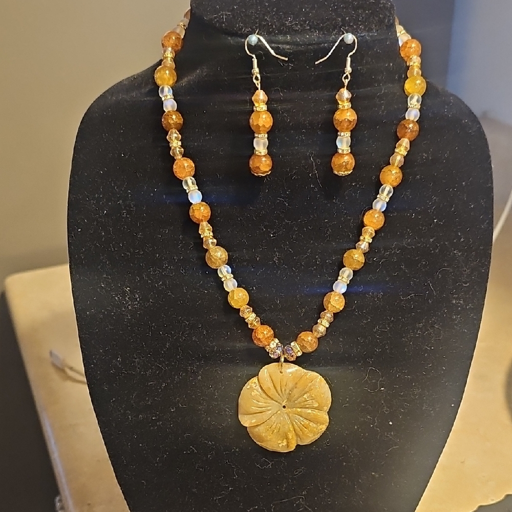 Shoushan Carved Jasper,Beaded Necklace and Earring Set